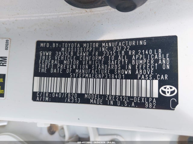 Продаж на аукціоні авто 2022 Toyota Corolla Le, vin: 5YFEPMAE6NP318401, номер лоту: 45229982