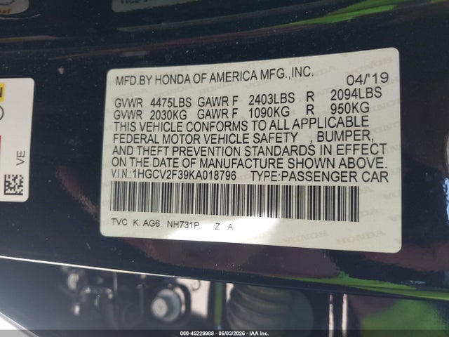 1HGCV2F39KA018796 Honda Accord Sport 2.0t