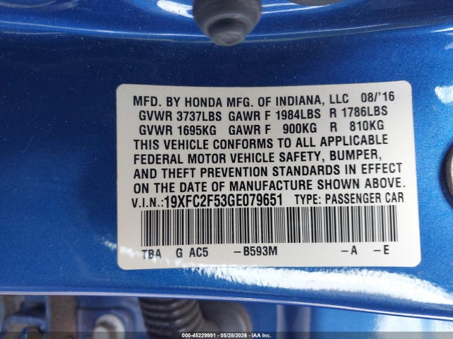 45229991 :رقم المزاد ، 19XFC2F53GE079651 vin ، 2016 Honda Civic Lx مزاد بيع