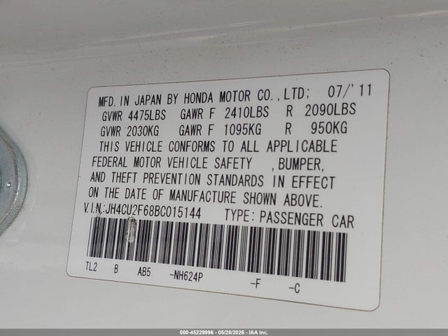 Продаж на аукціоні авто 2011 Acura Tsx 2.4, vin: JH4CU2F68BC015144, номер лоту: 45229996