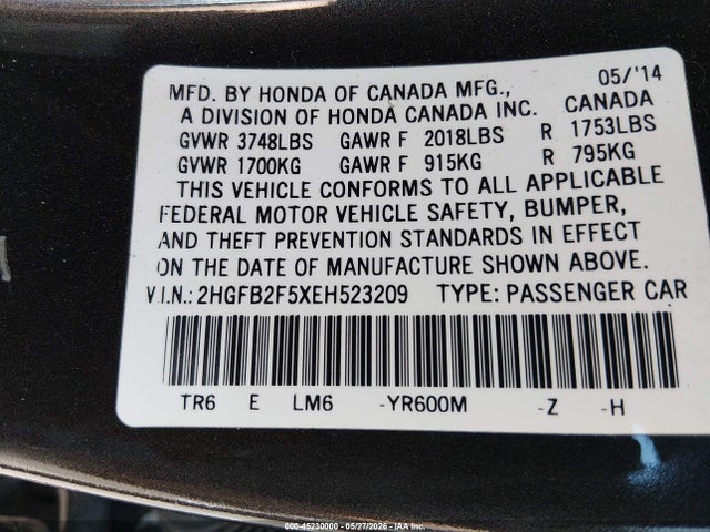 Honda Civic Lx 2014 2HGFB2F5XEH523209 Image 9