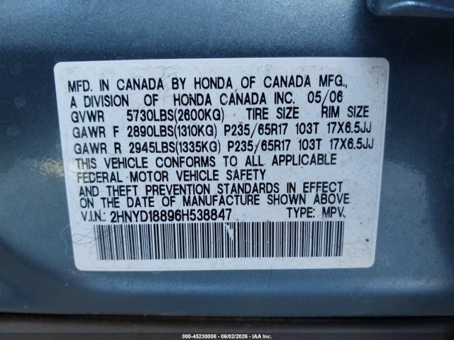 45230008 :رقم المزاد ، 2HNYD18896H538847 vin ، 2006 Acura Mdx مزاد بيع