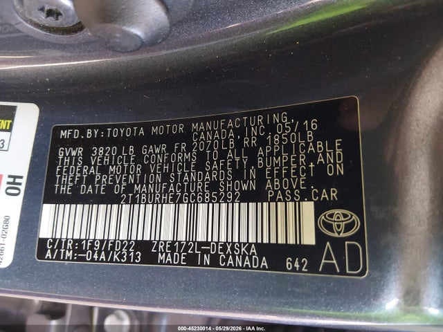 Toyota Corolla S Plus 2016 2T1BURHE7GC685292 Image 9
