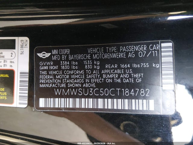 45230031 :رقم المزاد ، WMWSU3C50CT184782 vin ، 2012 Mini Cooper مزاد بيع