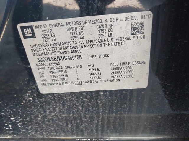 45230034 :رقم المزاد ، 3GCUKSEJXHG469158 vin ، 2017 Chevrolet Silverado 1500 2lz مزاد بيع