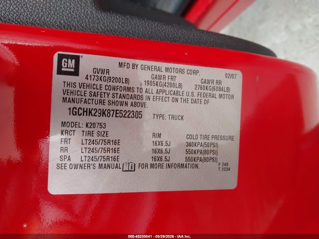 Продаж на аукціоні авто 2007 Chevrolet Silverado 2500hd Lt1, vin: 1GCHK29K87E522305, номер лоту: 45230041
