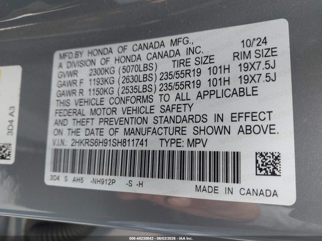 2025 Honda Cr-v Hybrid Sport Touring მანქანა იყიდება აუქციონზე, vin: 2HKRS6H91SH811741, აუქციონის ნომერი: 45230042