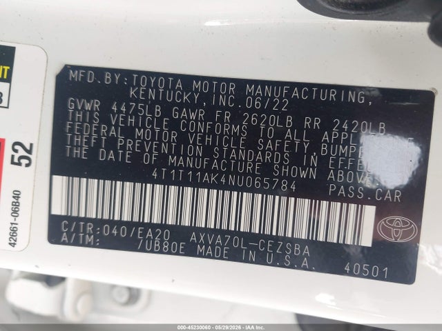 4T1T11AK4NU065784 Toyota CAMRY SE