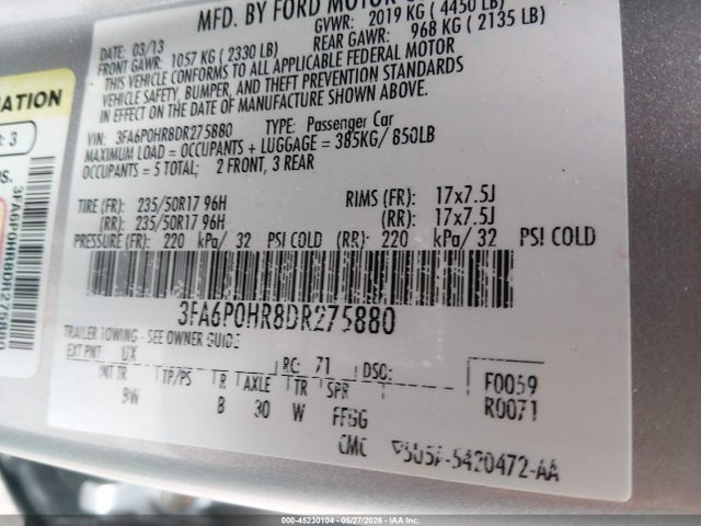 Продаж на аукціоні авто 2013 Ford Fusion Se, vin: 3FA6P0HR8DR275880, номер лоту: 45230104