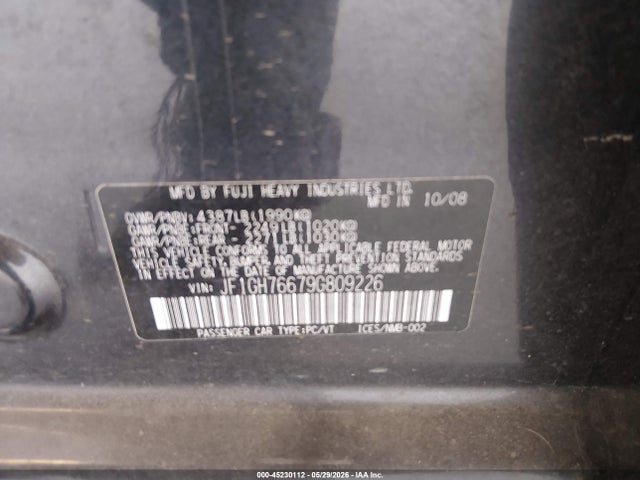 Aukcja sprzedaży 2009 Subaru Impreza Wrx, vin: JF1GH76679G809226, numer aukcji: 45230112