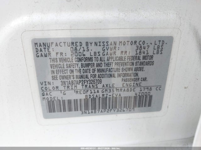 2015 Nissan Sentra Sr მანქანა იყიდება აუქციონზე, vin: 3N1AB7AP2FY326709, აუქციონის ნომერი: 45230131