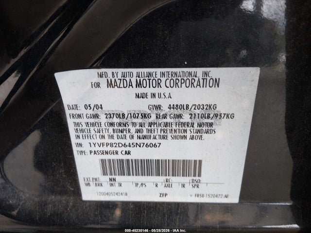 2004 Mazda Mazda6 S მანქანა იყიდება აუქციონზე, vin: 1YVFP82D645N76067, აუქციონის ნომერი: 45230146