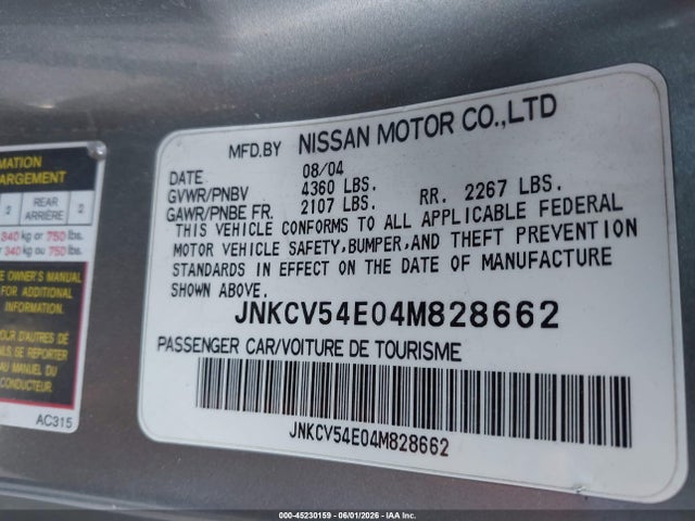 Aukcja sprzedaży 2004 Infiniti G35, vin: JNKCV54E04M828662, numer aukcji: 45230159