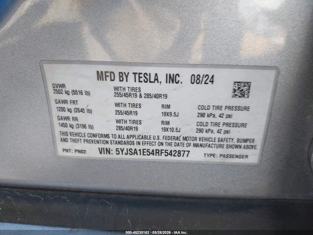 2024 Tesla Model S Long Range მანქანა იყიდება აუქციონზე, vin: 5YJSA1E54RF542877, აუქციონის ნომერი: 45230162