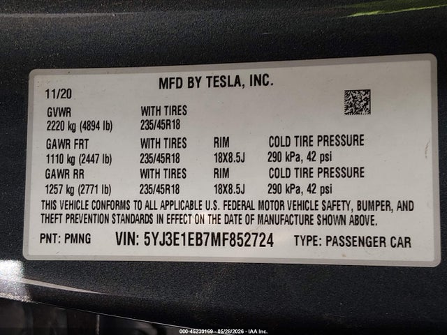 45230169 :رقم المزاد ، 5YJ3E1EB7MF852724 vin ، 2021 Tesla Model 3 Long Range مزاد بيع