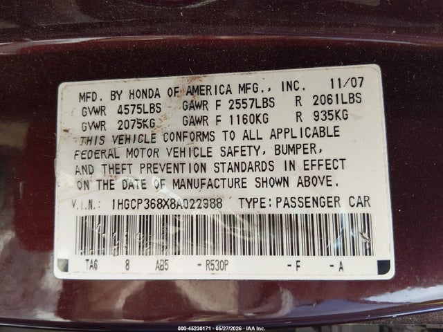 Продажа на аукционе авто 2008 Honda Accord 3.5 Ex-l, vin: 1HGCP368X8A022988, номер лота: 45230171