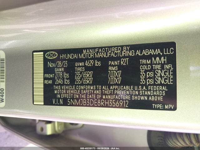 2024 Hyundai Tucson Sel მანქანა იყიდება აუქციონზე, vin: 5NMJB3DE8RH356912, აუქციონის ნომერი: 45230173