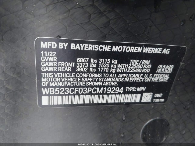 2023 Bmw Ix Xdrive50 მანქანა იყიდება აუქციონზე, vin: WB523CF03PCM19294, აუქციონის ნომერი: 45230174