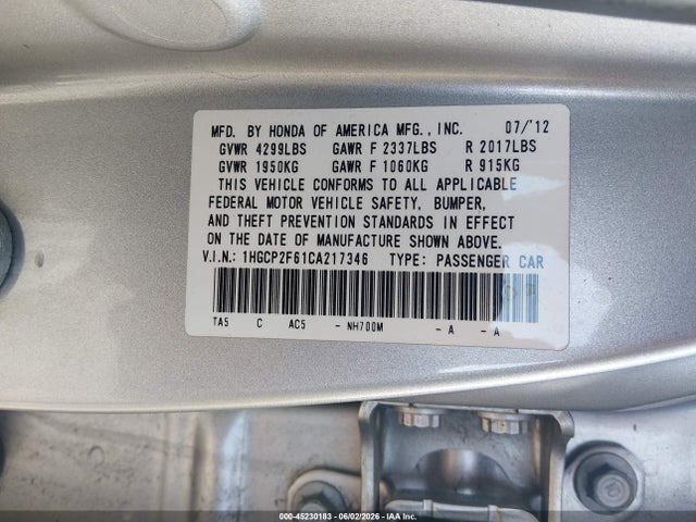 2012 Honda Accord 2.4 Se მანქანა იყიდება აუქციონზე, vin: 1HGCP2F61CA217346, აუქციონის ნომერი: 45230183