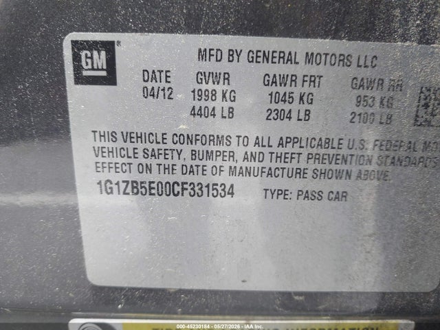 2012 Chevrolet Malibu Ls მანქანა იყიდება აუქციონზე, vin: 1G1ZB5E00CF331534, აუქციონის ნომერი: 45230184