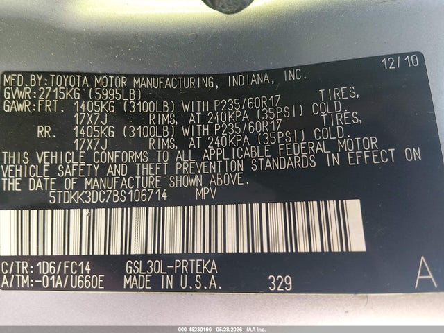 Продажа на аукционе авто 2011 Toyota Sienna Le V6, vin: 5TDKK3DC7BS106714, номер лота: 45230190