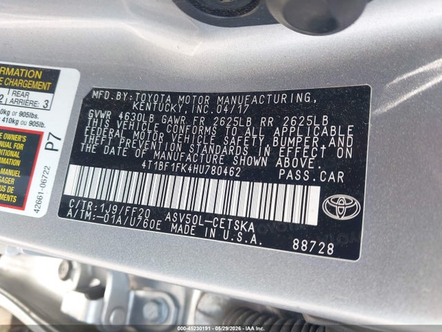 Aukcja sprzedaży 2017 Toyota Camry Se, vin: 4T1BF1FK4HU780462, numer aukcji: 45230191