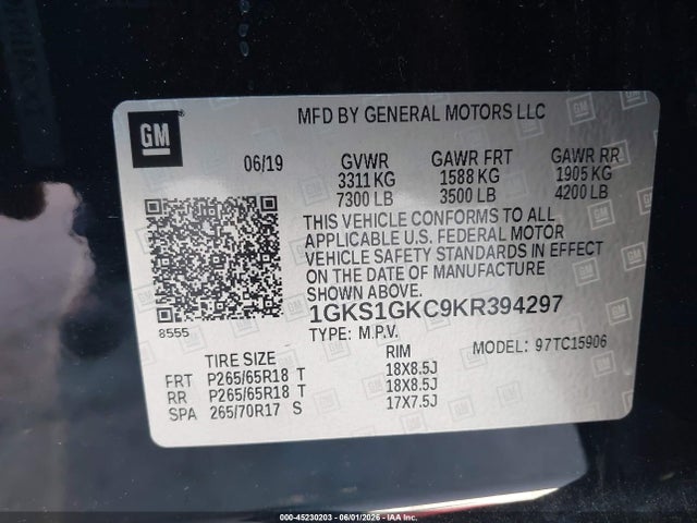 Продаж на аукціоні авто 2019 Gmc Yukon Xl Slt, vin: 1GKS1GKC9KR394297, номер лоту: 45230203
