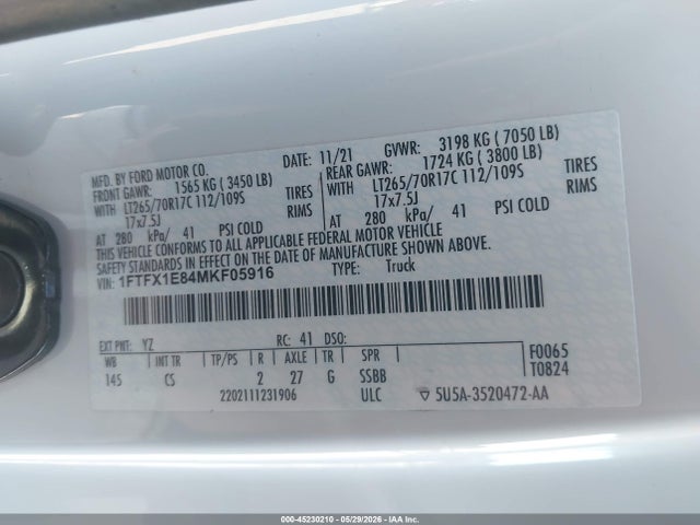 Aukcja sprzedaży 2021 Ford F-150 Xl, vin: 1FTFX1E84MKF05916, numer aukcji: 45230210