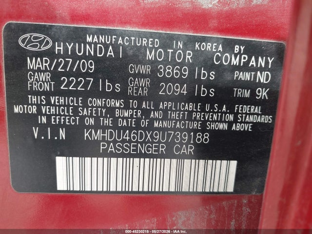 45230215 :رقم المزاد ، KMHDU46DX9U739188 vin ، 2009 Hyundai Elantra Gls مزاد بيع