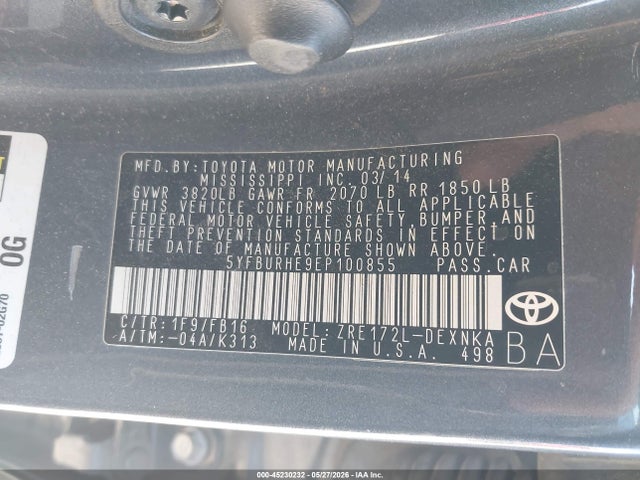 Aukcja sprzedaży 2014 Toyota Corolla Le Plus, vin: 5YFBURHE9EP100855, numer aukcji: 45230232