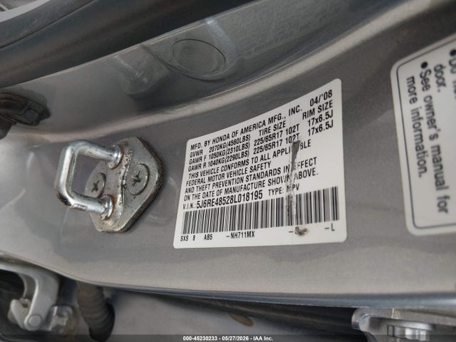 2008 Honda Cr-v Ex მანქანა იყიდება აუქციონზე, vin: 5J6RE48528L018195, აუქციონის ნომერი: 45230233