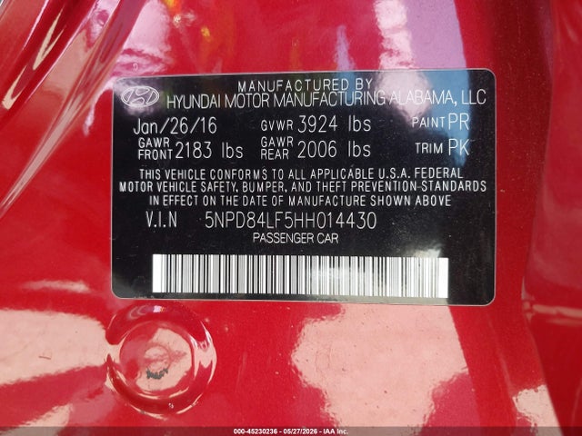 5NPD84LF5HH014430 Hyundai ELANTRA SE