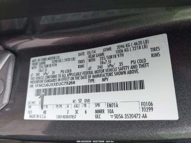 2014 Ford Escape Titanium მანქანა იყიდება აუქციონზე, vin: 1FMCU0JXXEUC75268, აუქციონის ნომერი: 45230239