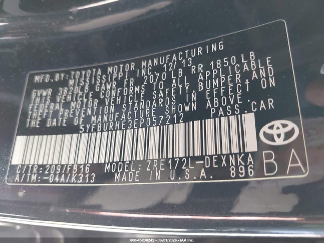 2014 Toyota Corolla Le მანქანა იყიდება აუქციონზე, vin: 5YFBURHE3EP057212, აუქციონის ნომერი: 45230242