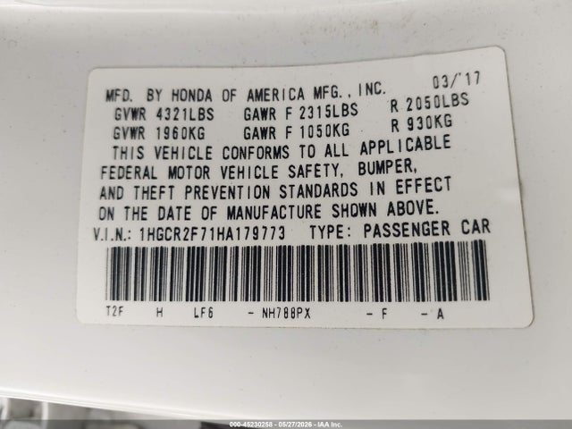 Honda ACCORD EX 2017 1HGCR2F71HA179773 Image 9