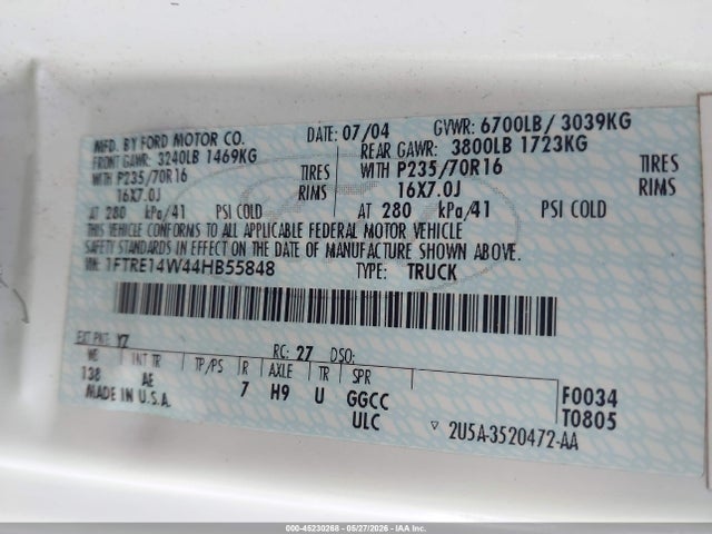 45230268 :رقم المزاد ، 1FTRE14W44HB55848 vin ، 2004 Ford E-150 Commercial/recreational مزاد بيع