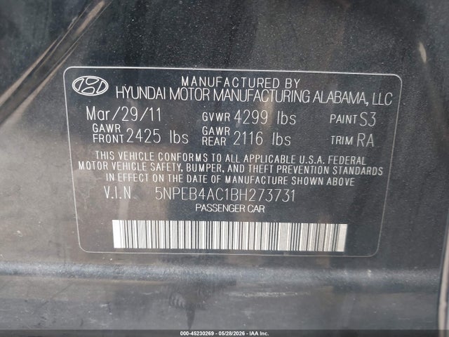 Aukcja sprzedaży 2011 Hyundai Sonata Gls, vin: 5NPEB4AC1BH273731, numer aukcji: 45230269
