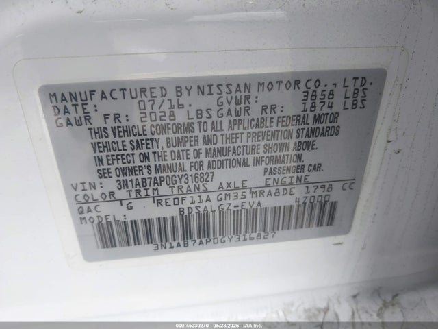 3N1AB7AP0GY316827 Nissan SENTRA SL