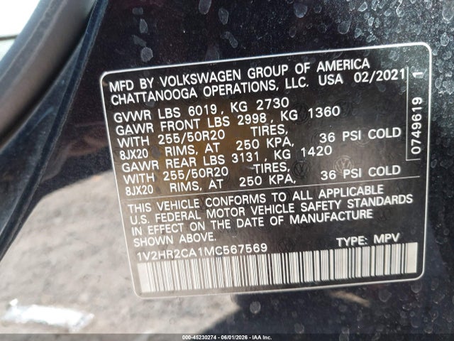 Aukcja sprzedaży 2021 Volkswagen Atlas 3.6l V6 Se W/technology, vin: 1V2HR2CA1MC567569, numer aukcji: 45230274