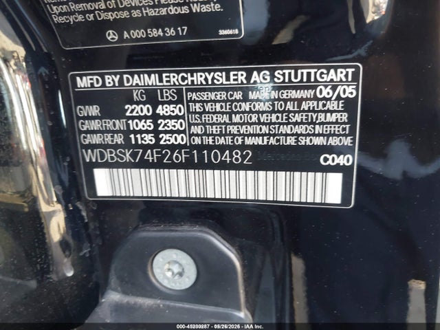 45230287 :رقم المزاد ، WDBSK74F26F110482 vin ، 2006 Mercedes-benz Sl-class 5.5l Amg مزاد بيع