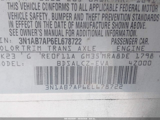 2014 Nissan Sentra S მანქანა იყიდება აუქციონზე, vin: 3N1AB7AP6EL678722, აუქციონის ნომერი: 45230297