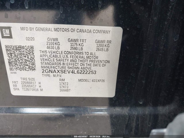 Aukcja sprzedaży 2020 Chevrolet Equinox Awd Ls, vin: 2GNAXSEV4L6222253, numer aukcji: 45230307
