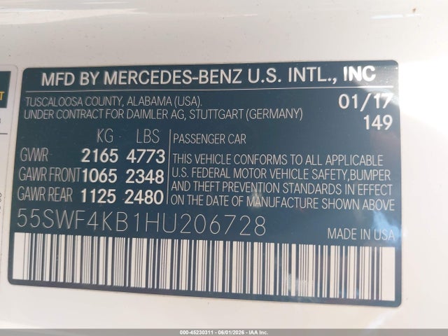 Aukcja sprzedaży 2017 Mercedes-benz C 300 4matic, vin: 55SWF4KB1HU206728, numer aukcji: 45230311