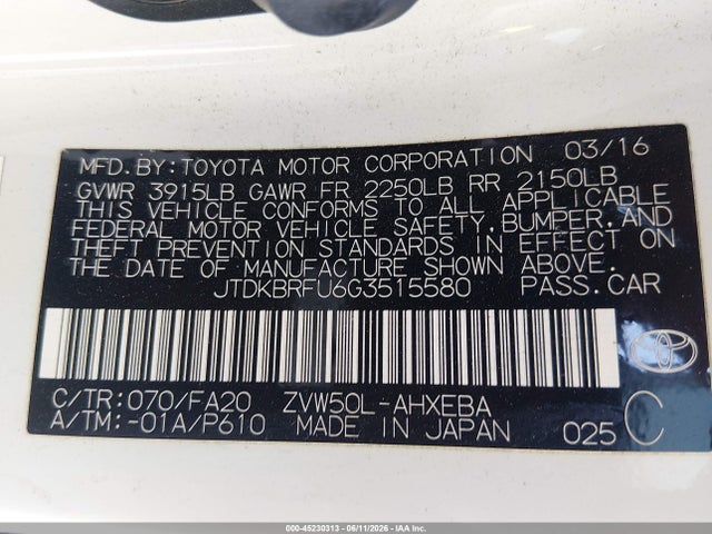 Toyota Prius Two 2016 JTDKBRFU6G3515580 Image 9