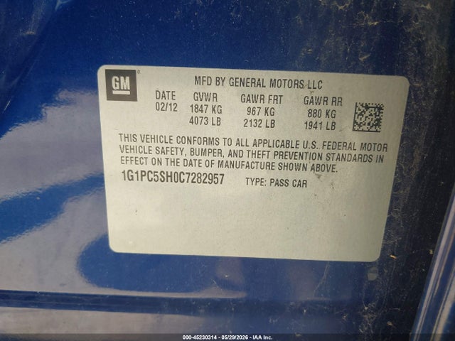 2012 Chevrolet Cruze Ls მანქანა იყიდება აუქციონზე, vin: 1G1PC5SH0C7282957, აუქციონის ნომერი: 45230314