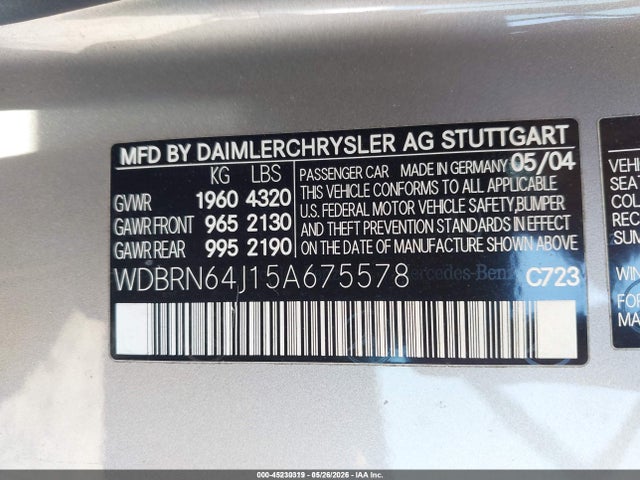45230319 :رقم المزاد ، WDBRN64J15A675578 vin ، 2005 Mercedes-benz C 320 Sport مزاد بيع