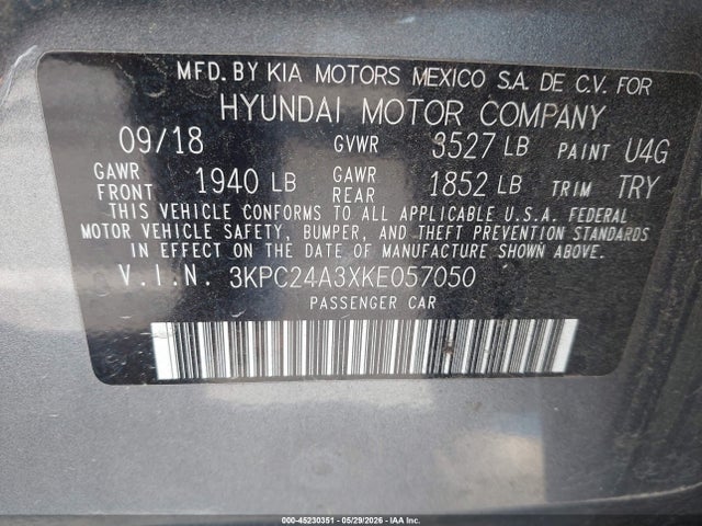 45230351 :رقم المزاد ، 3KPC24A3XKE057050 vin ، 2019 Hyundai Accent Se مزاد بيع
