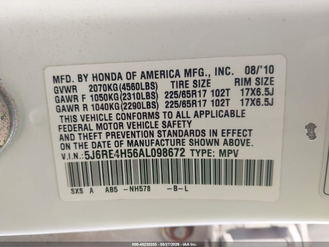 45230355 :رقم المزاد ، 5J6RE4H56AL098672 vin ، 2010 Honda Cr-v Ex مزاد بيع