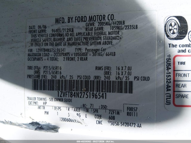 Продаж на аукціоні авто 2007 Ford Mustang V6 Deluxe/v6 Premium, vin: 1ZVFT84N275196541, номер лоту: 45230362