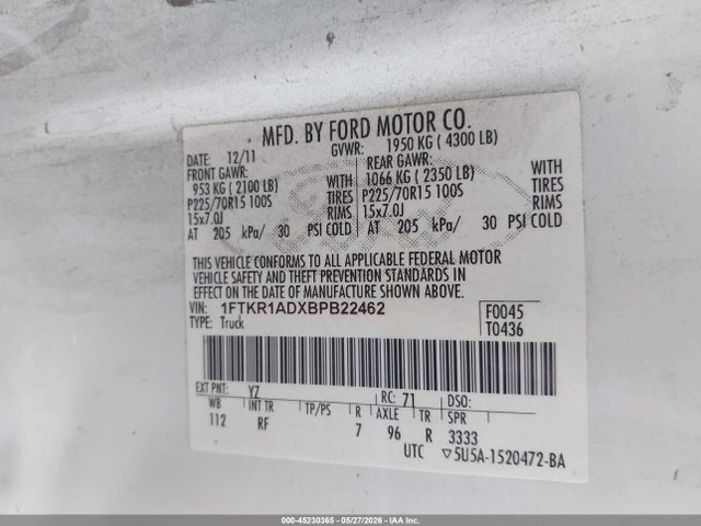 2011 Ford Ranger Xl მანქანა იყიდება აუქციონზე, vin: 1FTKR1ADXBPB22462, აუქციონის ნომერი: 45230365